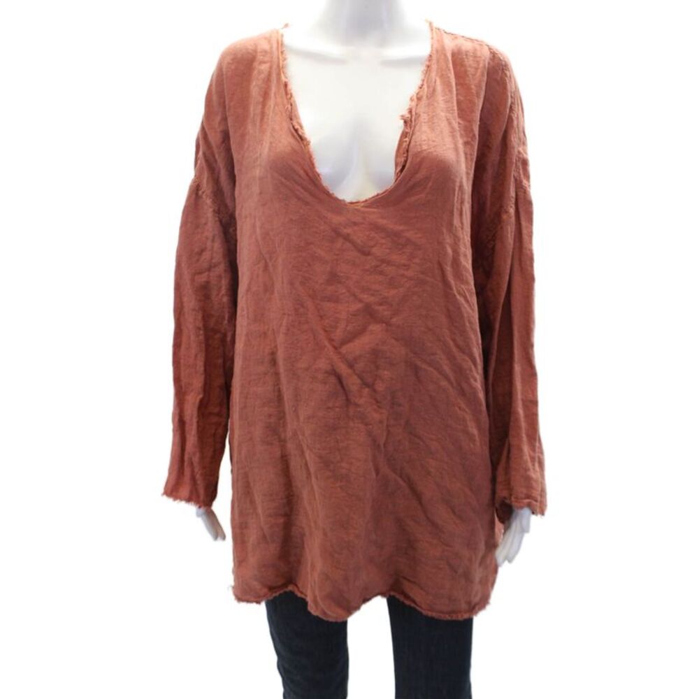 Mes DeMoiselles Paris Womens Linen Raw Hem V Neck Tunic Red Size 1